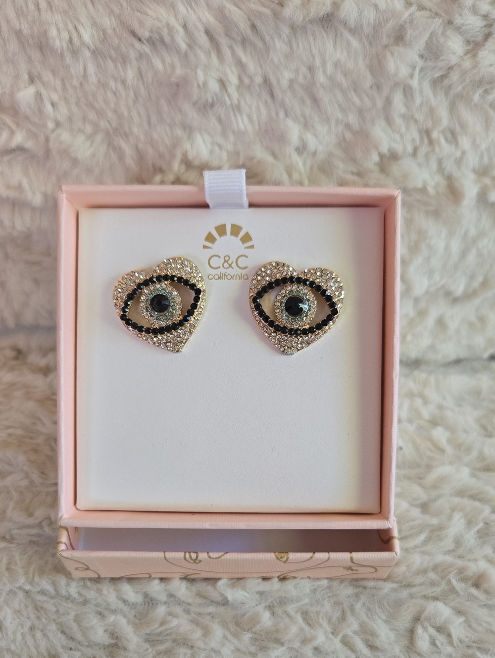 C&C California Gold Heart Evil Eye Stud Earrings - Black & Gold